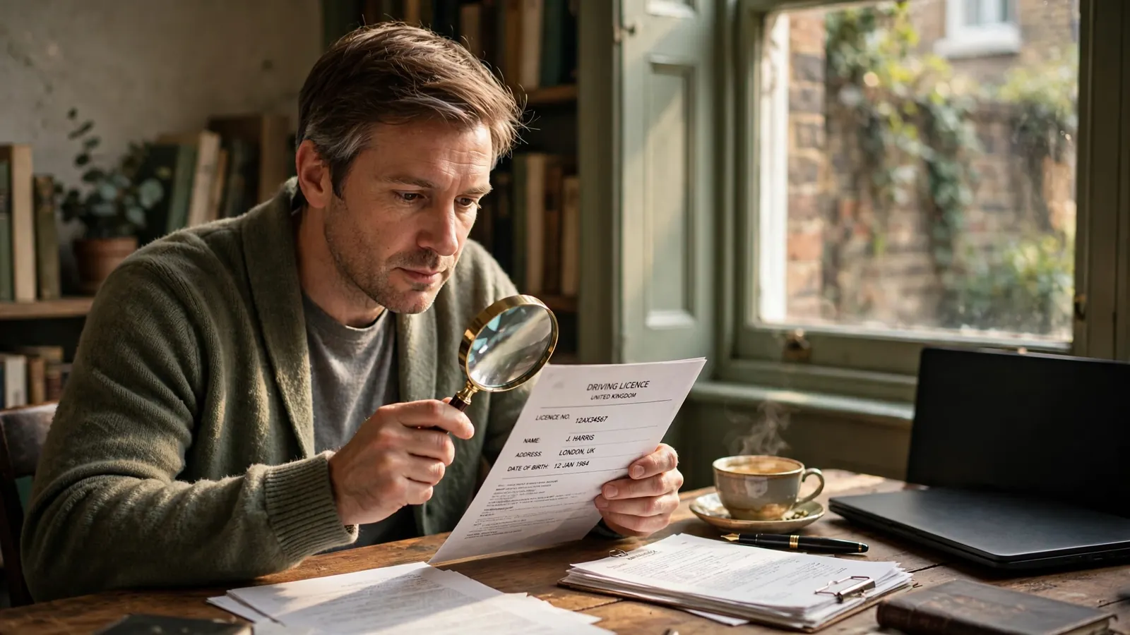British reviewer examining a licence document with a magnifying glass at a desk