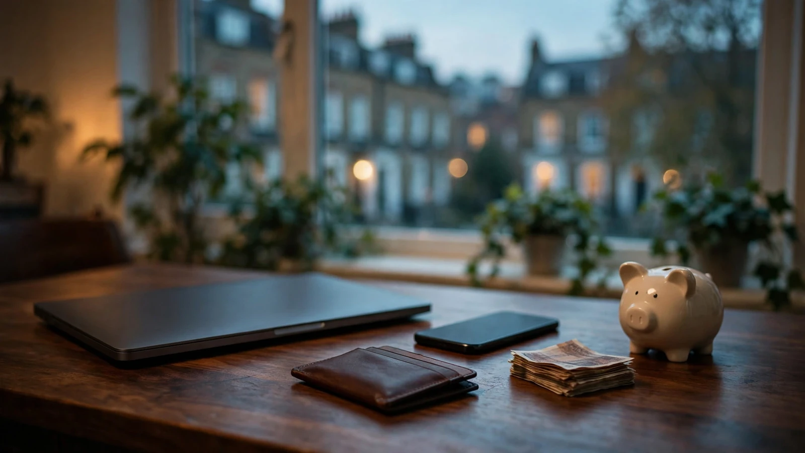 Smartphone, laptop and British pounds on a desk representing e-wallet payments