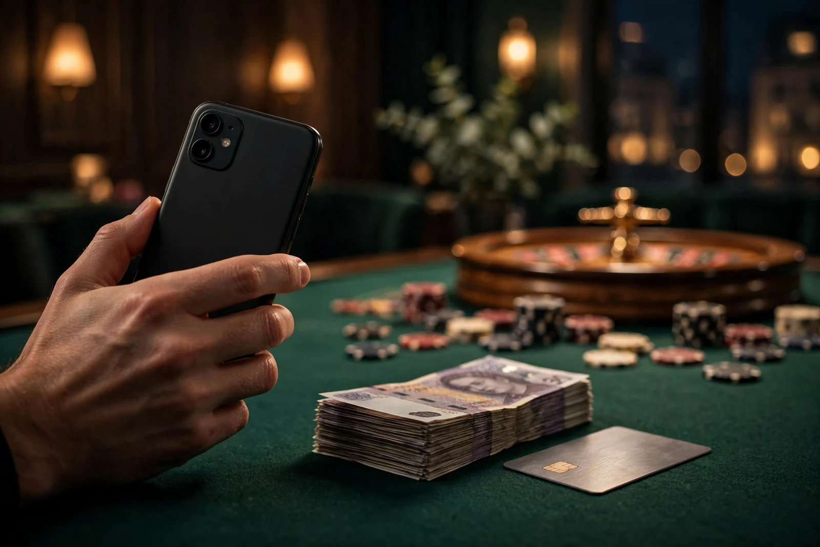 Hand holding smartphone near British pounds, payment card, and a blurred roulette table in the background