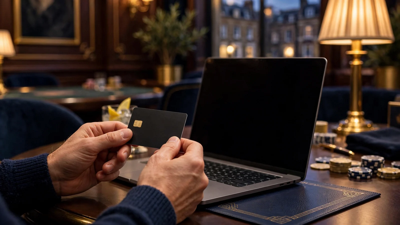 Payment card beside laptop in premium UK casino setting