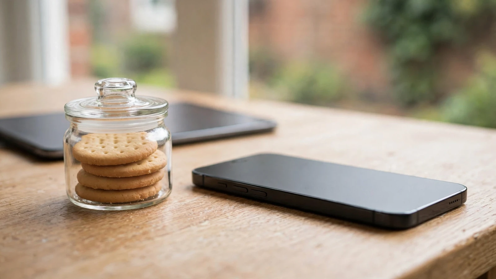 Phone and jar of cookies on a wooden table