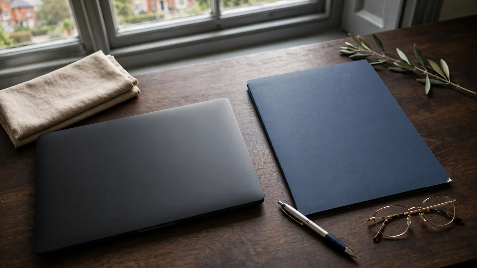 Closed laptop and legal folder on a professional desk