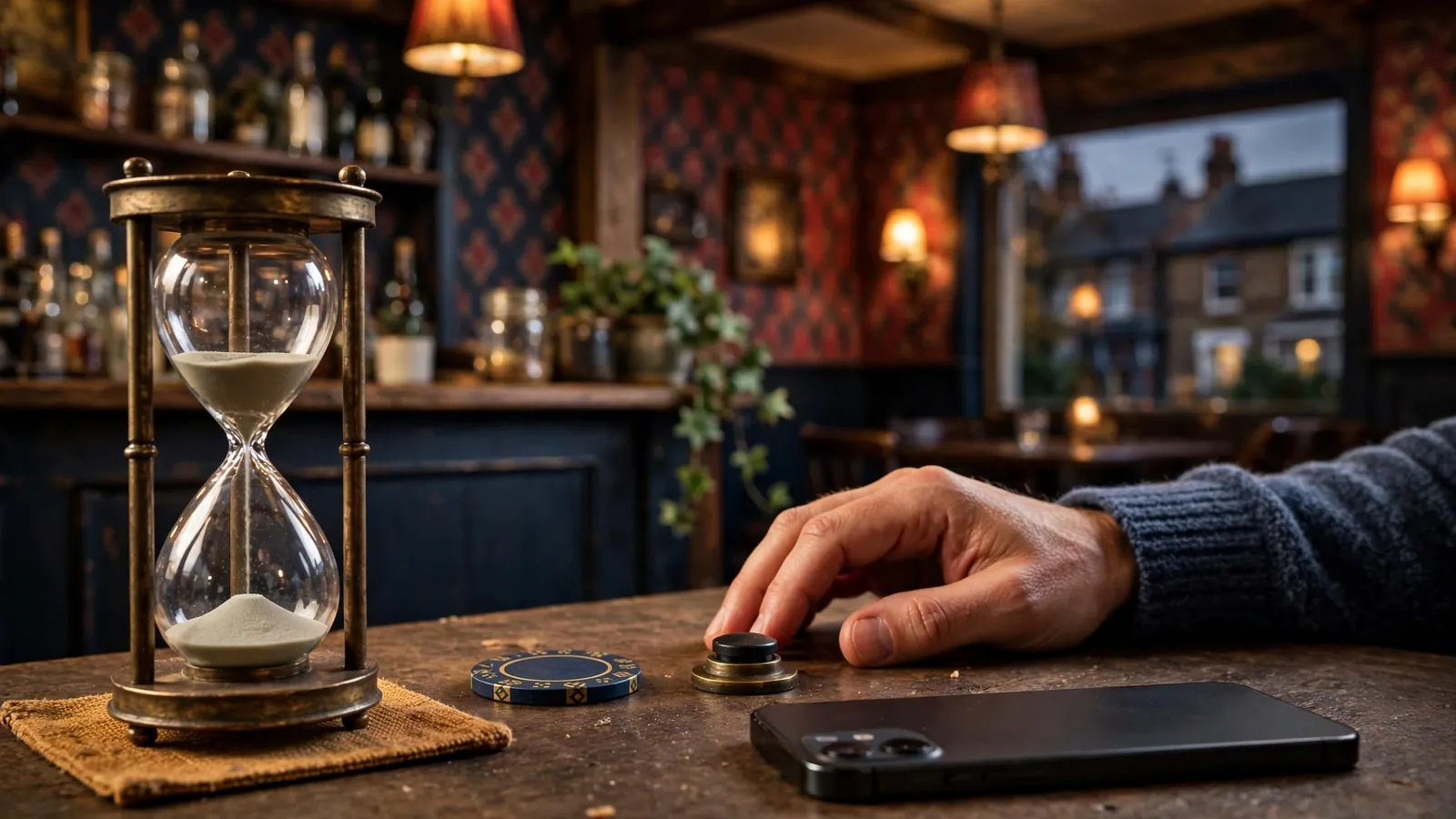 Paused tabletop game cycle shown with hourglass and closed phone