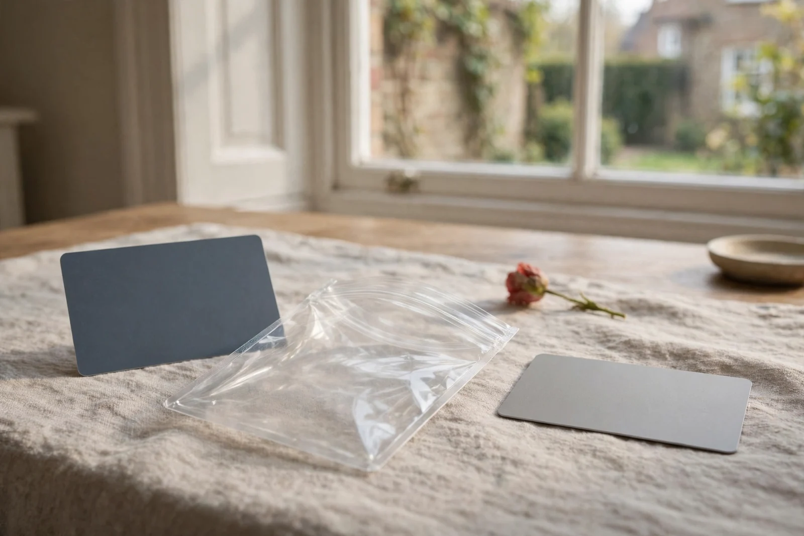 Unused credit card placed aside from a clear payment pouch