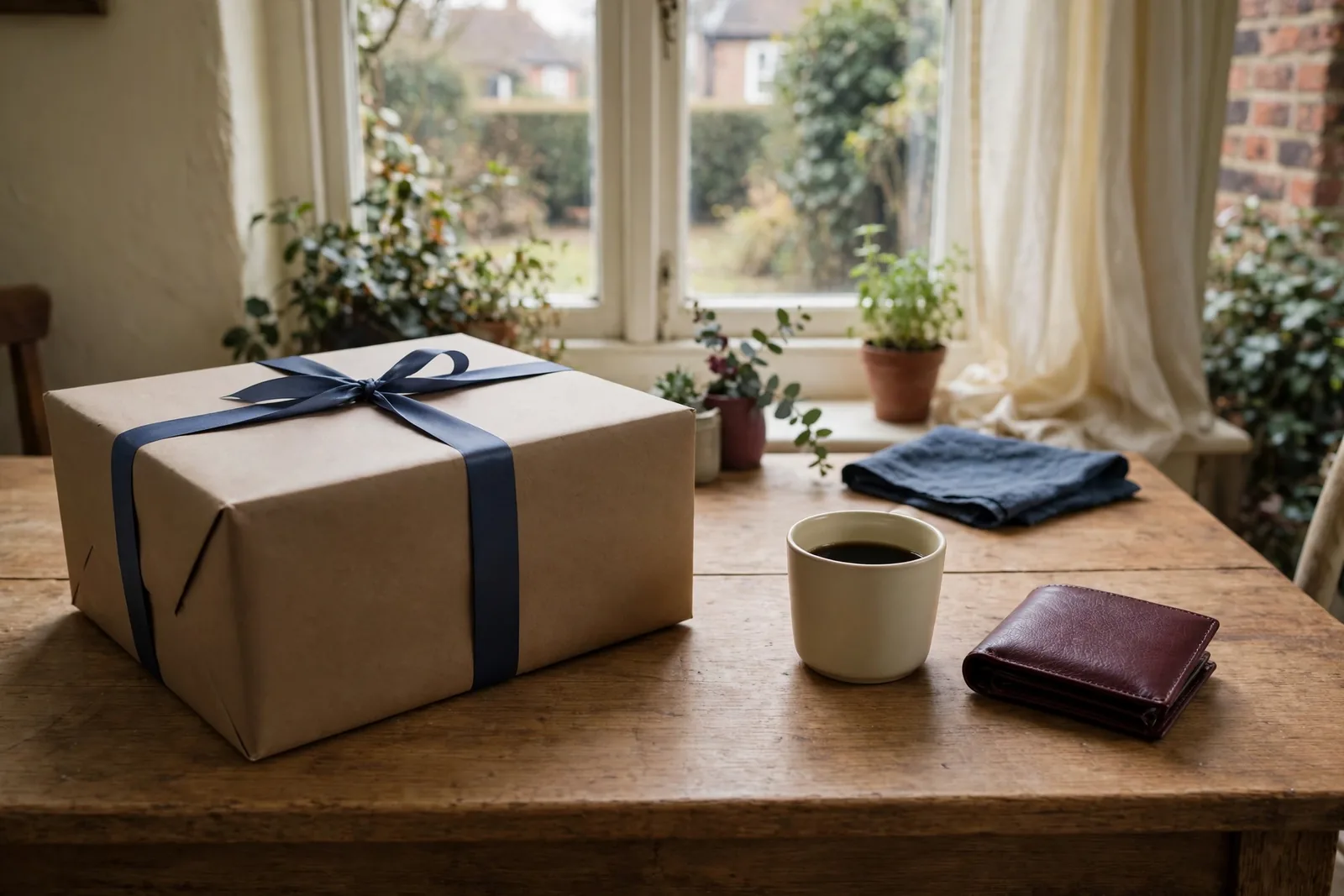 Unopened promotional gift box contrasted with a modest cup and wallet