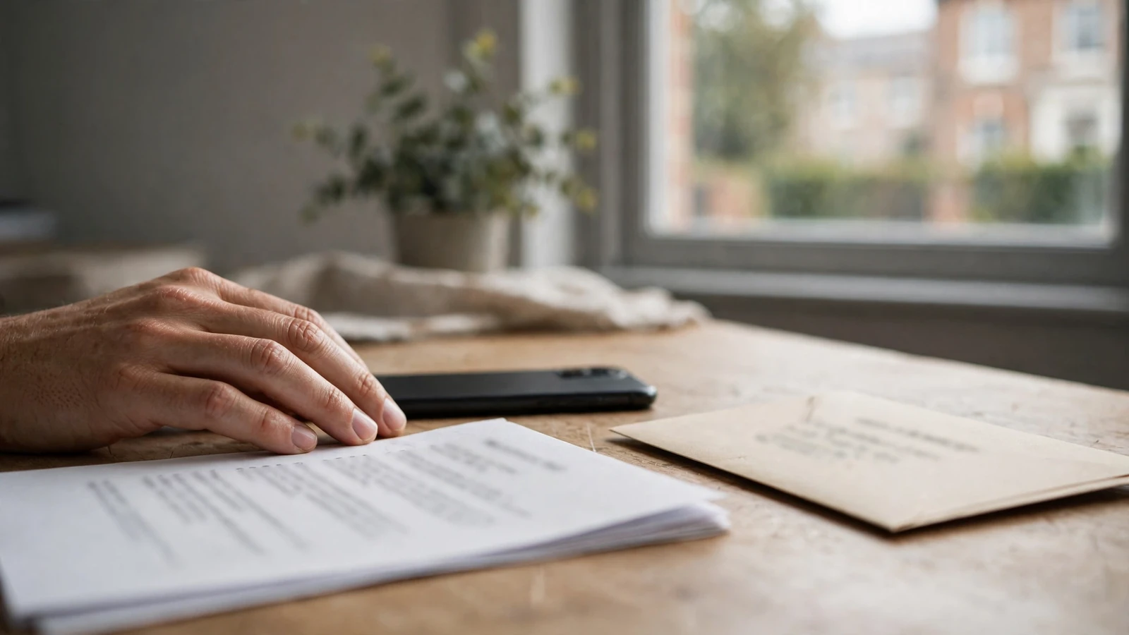 Closed phone and unreadable contract beside a promotional envelope