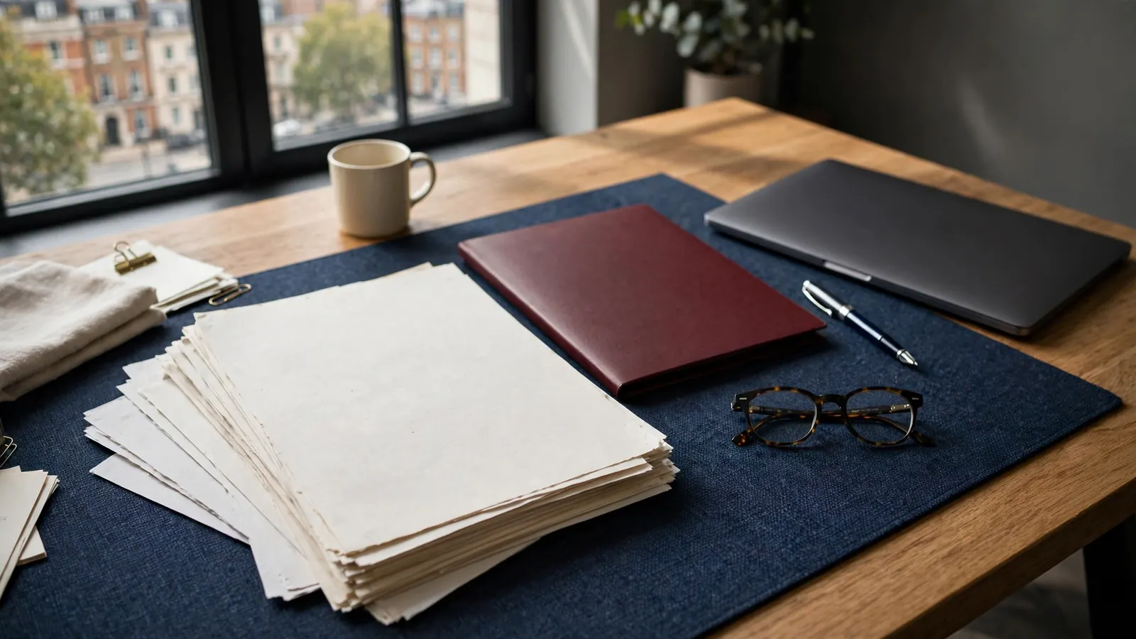 UK legal publisher’s organised desk with manuscripts, pen, folder, and closed laptop