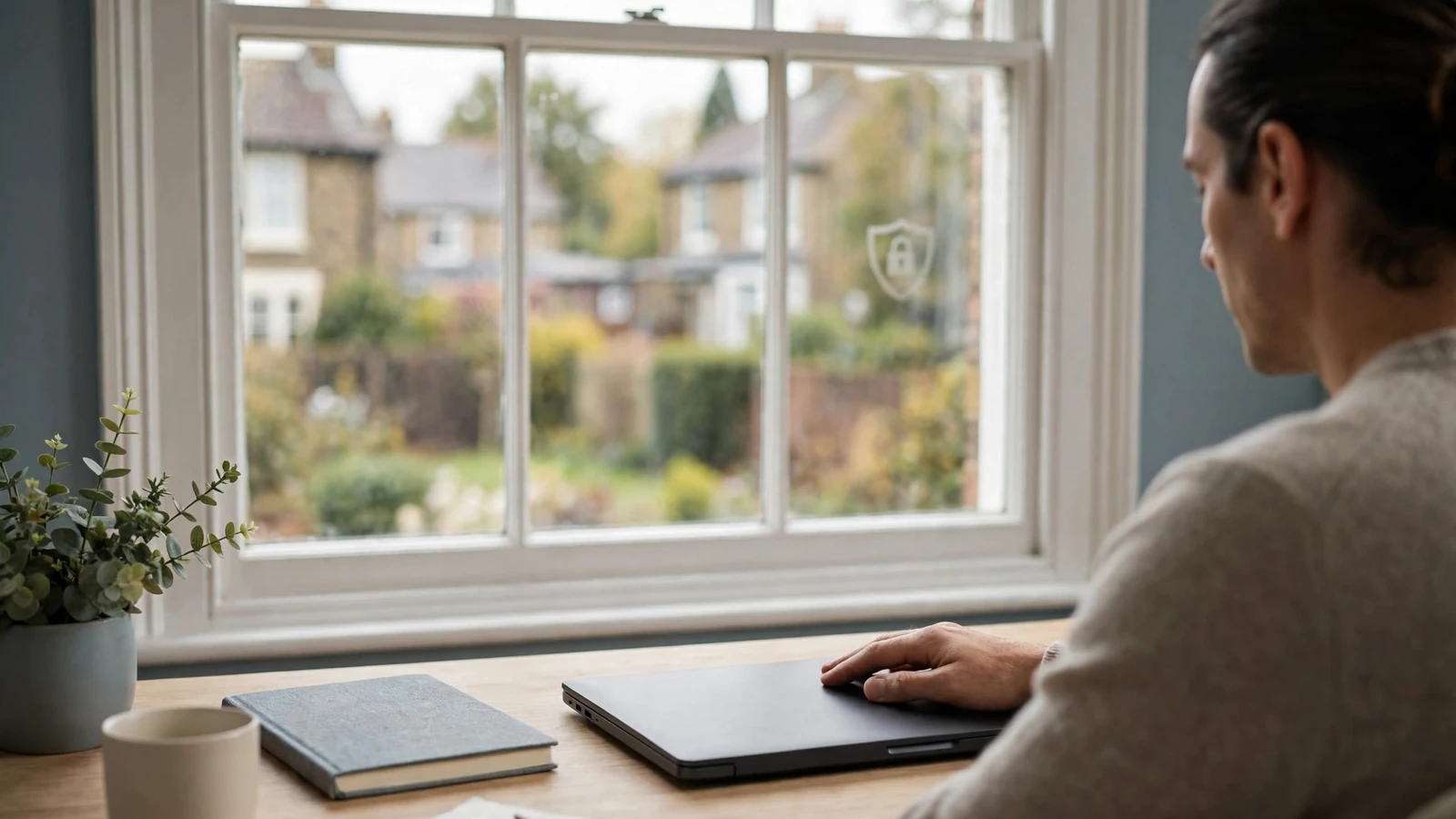 Person protecting personal data on a laptop in a calm UK home office