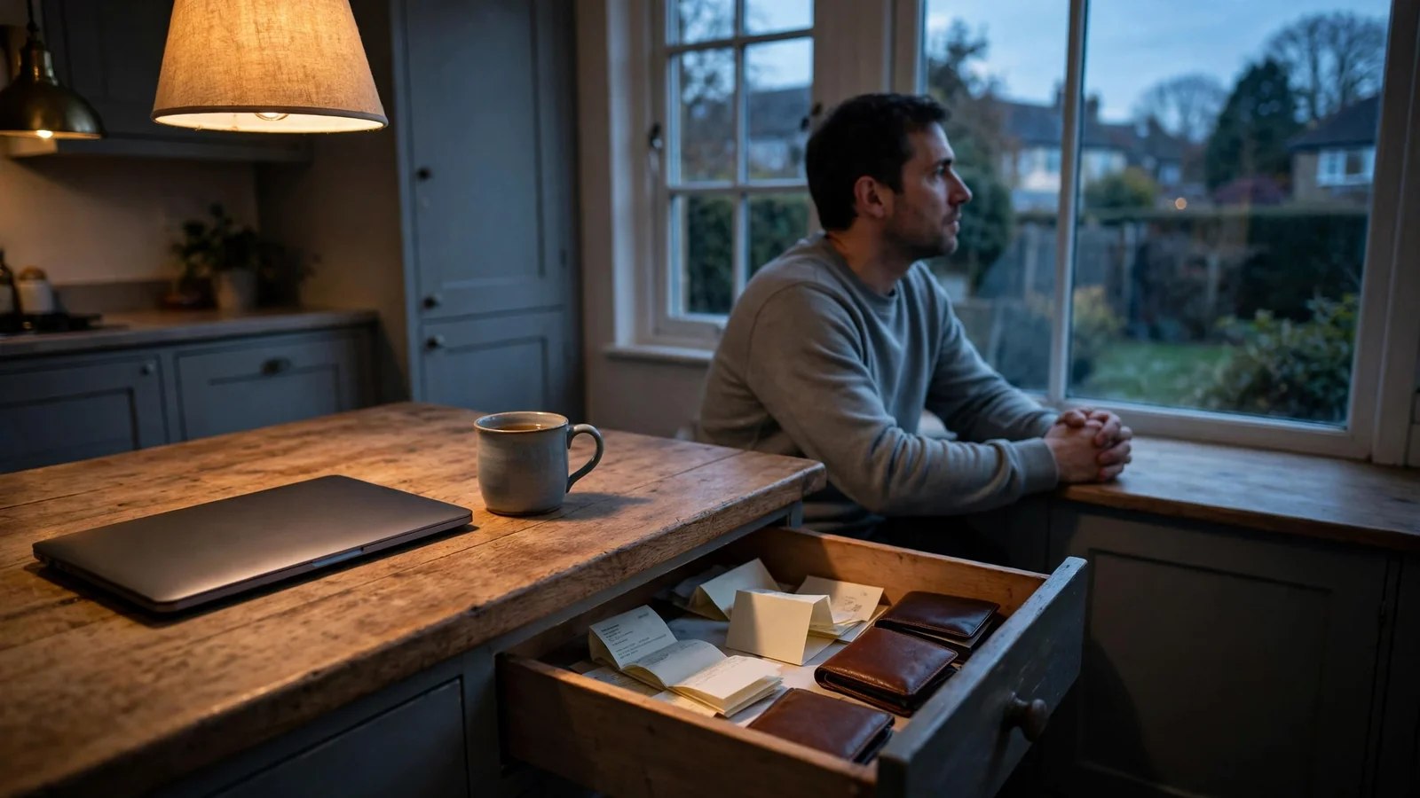 Person pausing beside closed laptop and betting slips in UK home
