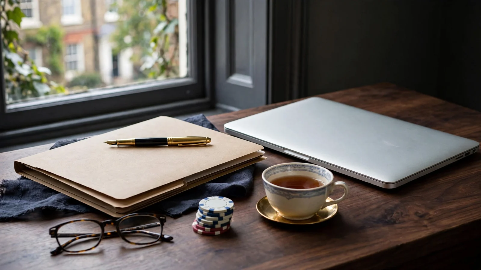 Closed laptop, contract folder, teacup and poker chips on a British-inspired office desk
